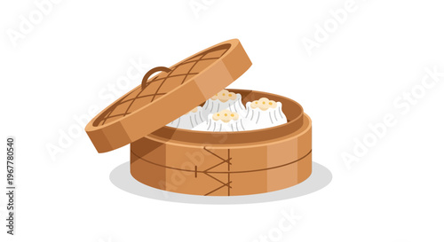 Steamed Dumplings in Bamboo Basket - Asian Cuisine Food Illustration