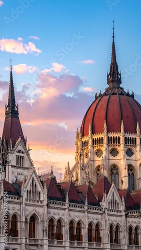 Ornate building exterior, featuring a red dome, spires, and a colorful sunset