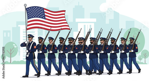 US Military Marching Band with American Flag in City Parade