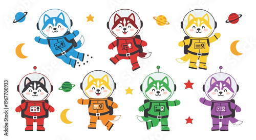 Cartoon husky dogs in colorful spacesuits float among planets and stars a charming celestial silhouette high quality professional detailed modern elegant