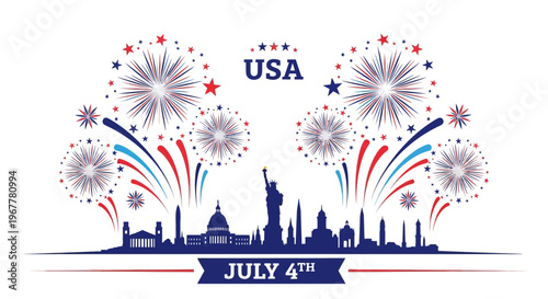 USA Independence Day Fireworks Celebration Over City Skyline with Statue of Liberty