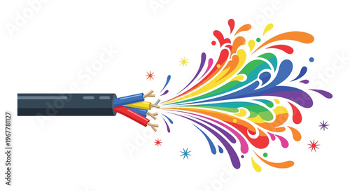 A vibrant explosion of rainbow colors erupts from a cut cable creating a dynamic and artistic silhouette high quality professional detailed