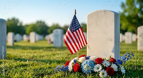 Memorial Day scene features a small American flag placed beside white military gravestone in a peaceful cemetery adorned with red white and blue flowers arranged respectfully bathed in morning light