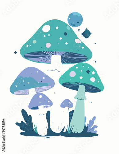 Magical Space Mushroom Cluster with Planet Caps Vector