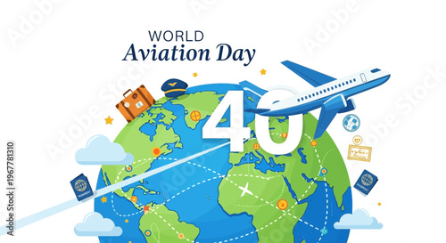 World Aviation Day Celebration: Airplane, Globe, Travel Icons, Passport, Suitcase, Number 40