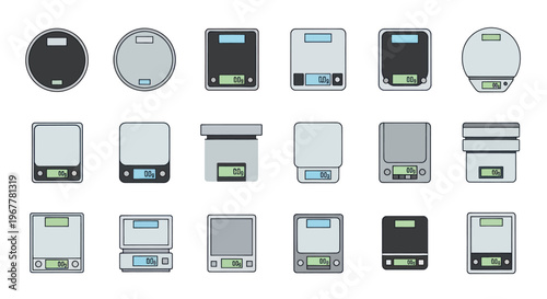 Collection of Digital Kitchen Scales, Various Designs and Sizes, Isolated on White Background