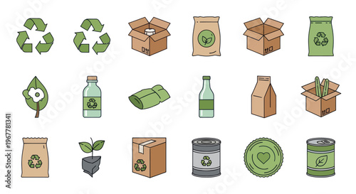 Eco-friendly packaging icons: recycling, boxes, bags, bottles, plant sprout, leaf. Sustainable design.