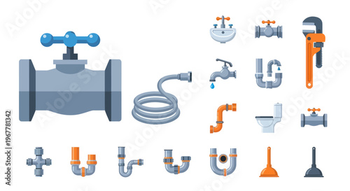 Plumbing Supplies Collection: Faucet, Pipe Fittings, Toilet, Wrench, Hose, Sink, Plunger