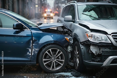 Two damaged cars after a collision in an urban street 