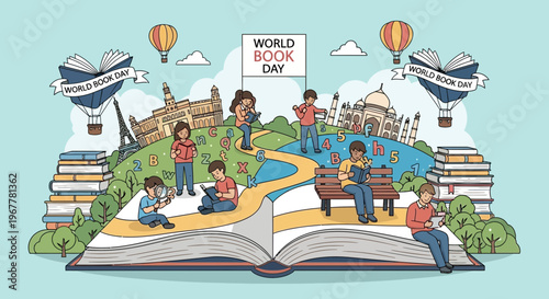 World Book Day: Children Reading Books, Global Landmarks, Hot Air Balloons