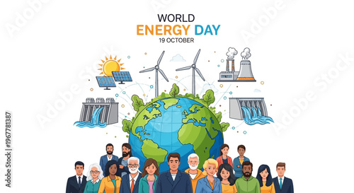 World Energy Day: Global Renewable Energy Sources and Diverse People Concept