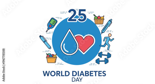 World Diabetes Day: Blood Drop, Heart, Glucose Meter, Pen, Exercise, Healthy Food