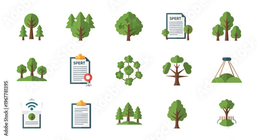 Flat Design Tree Icons Set: Nature, Forest, Ecology, Smart Technology, Agriculture