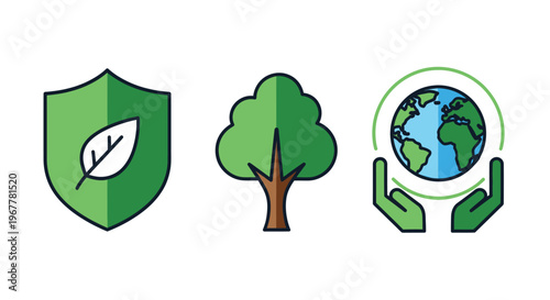 Eco Protection Icons: Shield, Tree, Planet Earth in Hands, Green Conservation Symbols