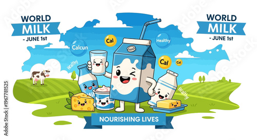 World Milk Day Celebration: Happy Cartons & Dairy Products in Green Landscape
