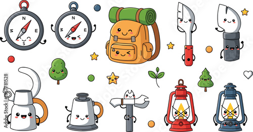 Cute camping equipment vector set with backpack compass lantern kettle and tools kawaii outdoor adventure illustration isolated on white background