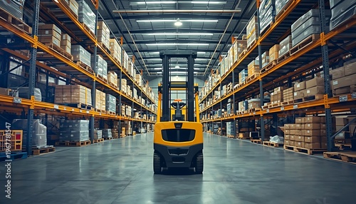 Industrial warehouse features a yellow forklift positioned in the central aisle lined with steel shelves containing arranged shipping cartons and boxes on the polished floor illuminated by lighting