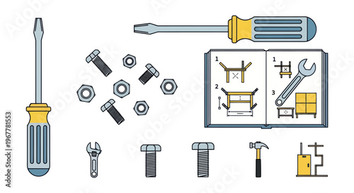DIY Assembly Manual with Tools, Bolts, Nuts, Screwdrivers, and Wrenches