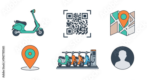 Electric Scooter Sharing Service Icons: Scooter, QR Code, Map Pin, Location, Charging Station, User Profile