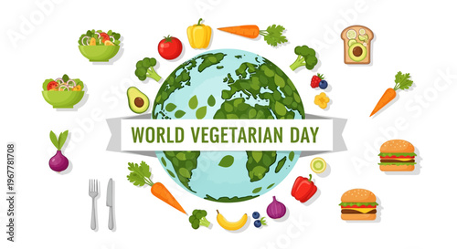 World Vegetarian Day: Healthy Food Collage Around Planet Earth Illustration
