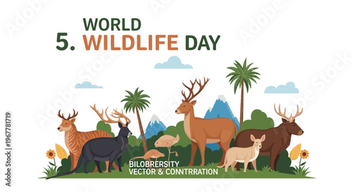 World Wildlife Day Celebration with Diverse Animals and Nature Illustration