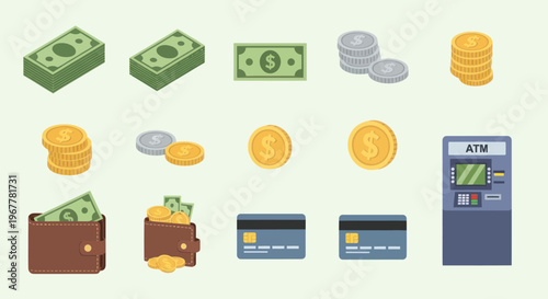 Money Icons: Bills, Coins, Wallet, Credit Cards, and ATM Machine