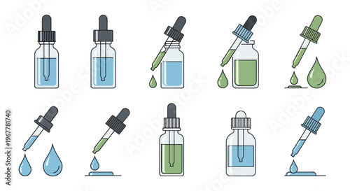 Dropper Bottles Set: Skincare Serum, Essential Oil, Medicine Dropper Icons
