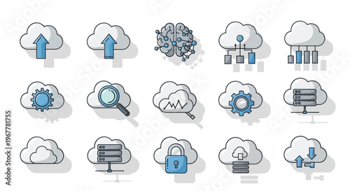 Cloud Computing Icons: Data, AI, Security, Storage, Network, Upload, Download