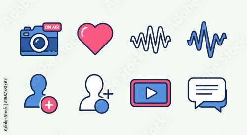 Social Media Icons: Camera, Heart, Soundwave, User, Video, Chat