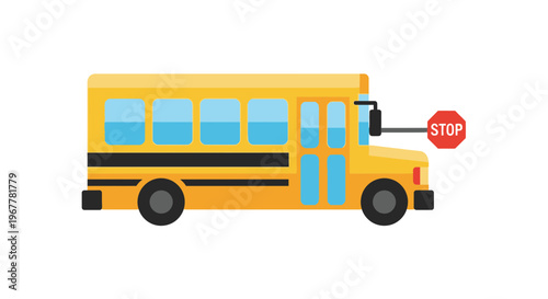 Yellow School Bus with Stop Sign - Vector Illustration
