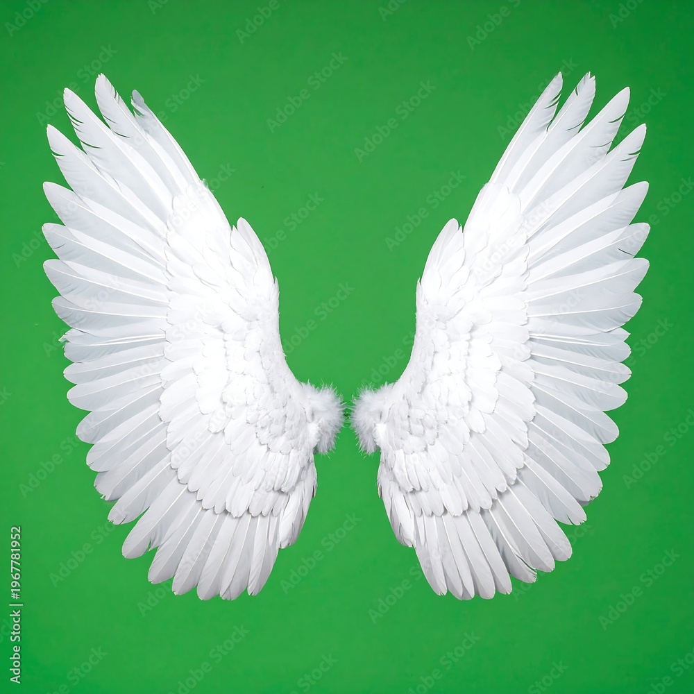 Fototapeta premium Pair of bright white angel wings against a vivid green backdrop