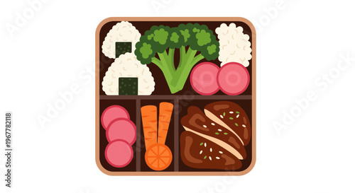 Bento Box Lunch: Onigiri, Broccoli, Carrots, Sausage, and Chicken