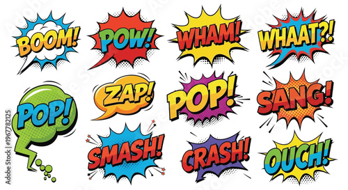 A vibrant collection of comic book style speech bubbles and sound effects rendered in bright colors silhouette high quality professional detailed