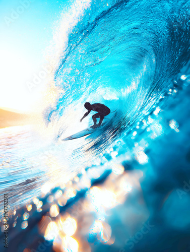 Surfer Riding Inside Giant Blue Ocean Barrel Wave