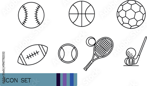 Print Sport Balls and Athletic Equipment Line Icon Set