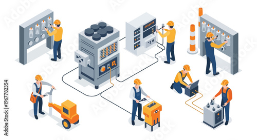 Isometric illustration depicts workers maintaining and operating industrial machinery in a modern factory setting silhouette high quality professional detailed elegant stylish