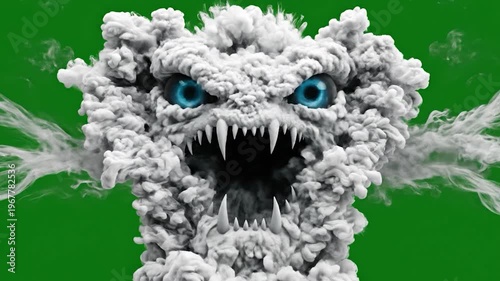 A menacing cloud creature with sharp teeth and glowing eyes emerges from a burst of white smoke against a vibrant green background