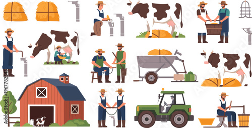 Dairy farm vector set with farmers milking cows barn tractor hay and rural agriculture activities illustration isolated on white background
