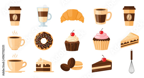An assortment of breakfast and dessert items including coffee pastries and sweets in a flat style silhouette high quality professional detailed