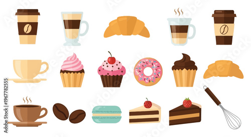 A colorful collection of breakfast and dessert items including coffee pastries and sweets silhouette high quality professional detailed modern elegant stylish