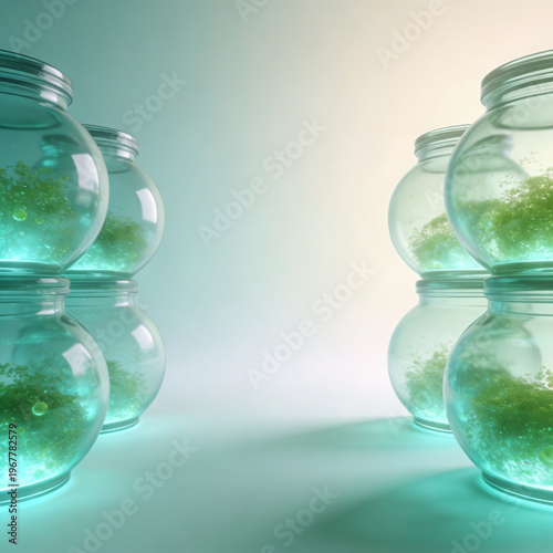 Photosynthetic bioglass storage tank with green transparent active material background