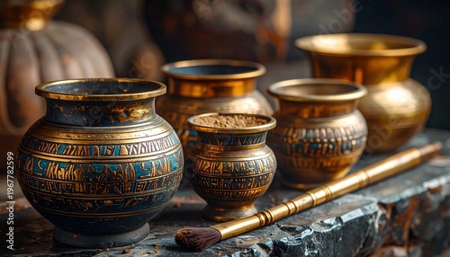 Ancient Egyptian Vases and Brush on Stone Surface.