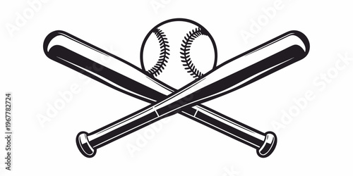 A crossed baseball bat and ball in a vintage black and white style