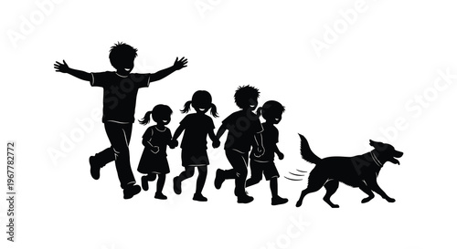 A joyful scene depicts children and a dog running together captured in a dark striking silhouette high quality professional detailed modern