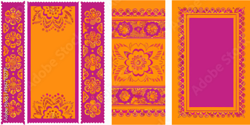 Colorful patterned borders with floral motifs and geometric designs