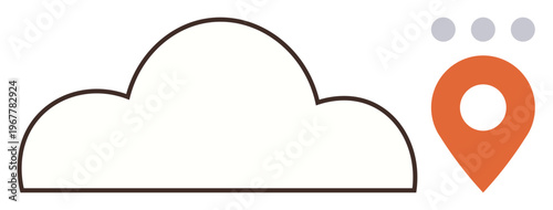 Cloud storage, digital data, technology infrastructure, geolocation, navigation, mapping. Cloud outline next to orange geotag icon. Cloud storage and geolocation technology