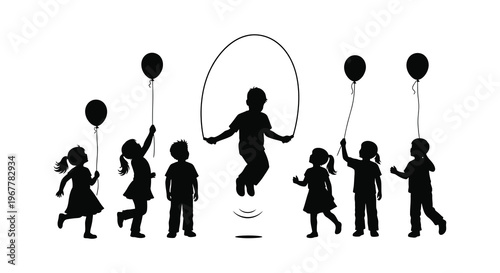 A group of children joyfully playing with balloons and a jump rope depicted in black silhouette high quality professional detailed modern