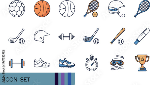 Print Sport Equipment and Athletic Fitness Icon Set