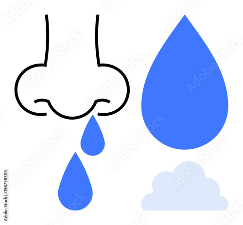 Health, allergies, nasal congestion, cold symptoms, sinus issues, respiratory health. Illustration of a nose dripping water next to a blue drop and a cloud. Allergies and nasal congestion concept