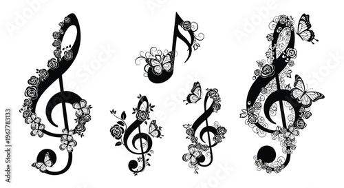 Floral musical notes and butterflies intertwine in a decorative arrangement creating an elegant visual design silhouette high quality professional detailed modern